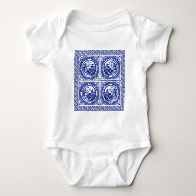 Blue and white, willow pattern design baby bodysuit (Front)