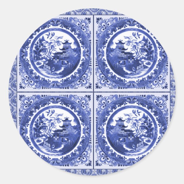 Blue and white, willow pattern design classic round sticker (Front)