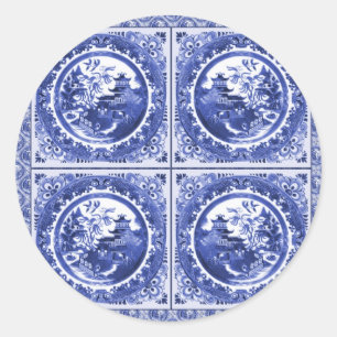 Blue and white, willow pattern design classic round sticker