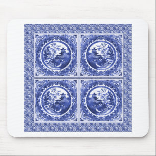 Blue and white, willow pattern design mouse mat