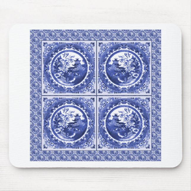Blue and white, willow pattern design mouse mat (Front)