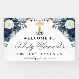 Blue and White Winter Flowers 1st Holy Communion Banner