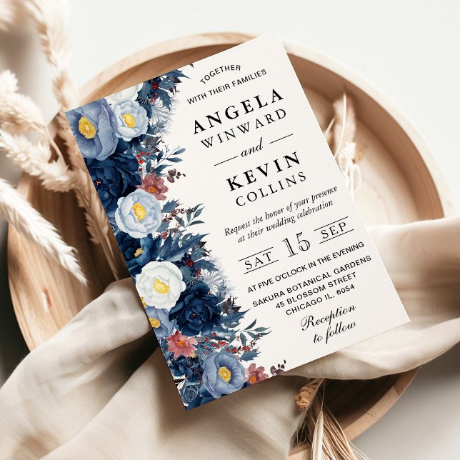 Blue and White Winter Flowers Wedding Invitation (Creator Uploaded)