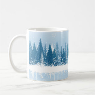Blue and white winter forest grunge paint design coffee mug