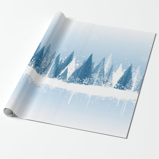 Blue and white winter forest grunge paint design wrapping paper (Unrolled)