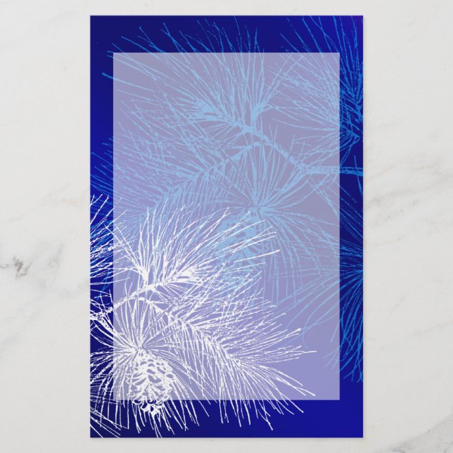 Blue and White Winter Pine Stationery (Front)