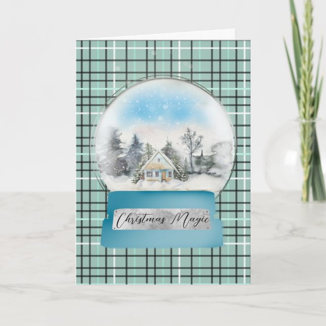 Blue and White Winter Scene Snow Globe Christmas  Card (Front)