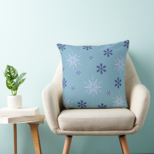 Blue and White Winter Snowflake Pattern Cushion