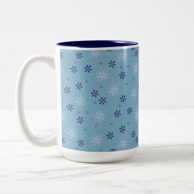 Blue and White Winter Snowflake Two-Tone Coffee Mug (Left)