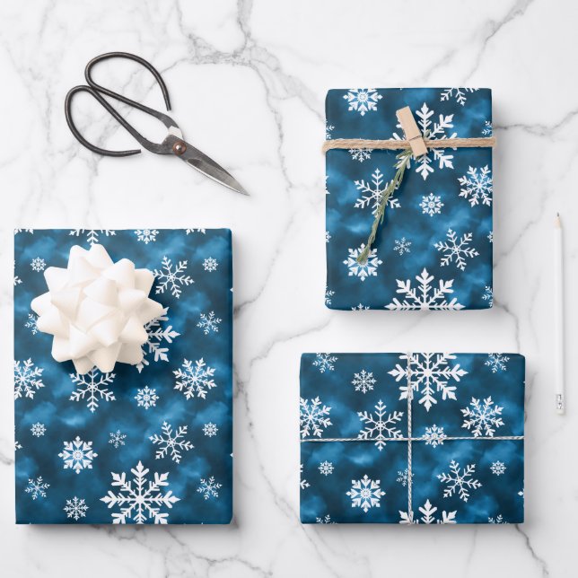 Blue And White Winter Snowflakes Pattern Wrapping Paper Sheet (Front)