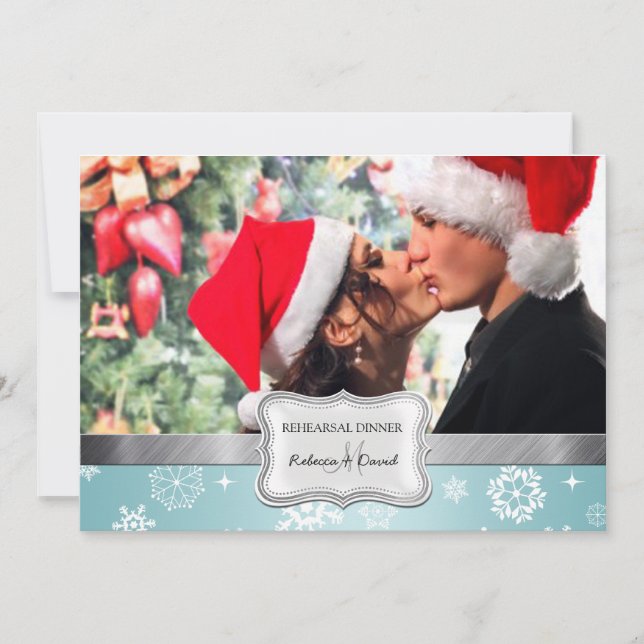 Blue and White Winter Wedding Rehearsal Dinner Invitation (Front)