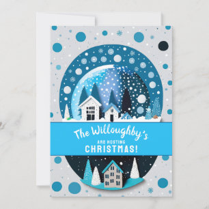 Blue and White Winter Wonderland Houses Snow Globe Invitation