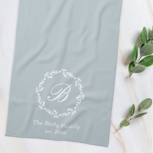 Blue and White Winter Wreath Family Name Monogram Tea Towel