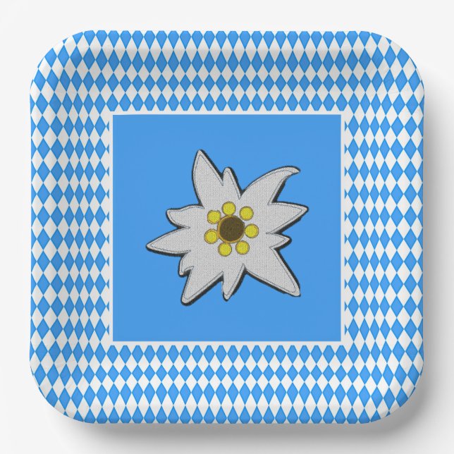 Blue and White with Edelweiss Oktoberfest Paper Plate (Front)