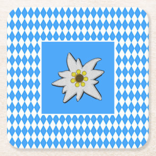 Blue and White with Edelweiss Oktoberfest  Square Paper Coaster