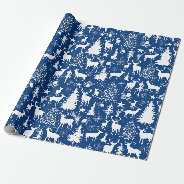 Blue And White Woodland Forest Reindeer Wrapping Paper (Unrolled)