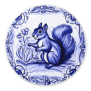 Blue and White Woodland Squirrel Folk Animal Art Ceramic Knob