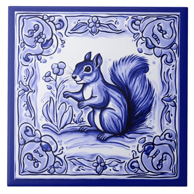 Blue and White Woodland Squirrel Folk Animal Art Tile (Front)