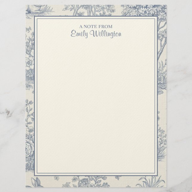 Blue and White Woodland Toile Pattern Personalized Custom Letterhead (Front)