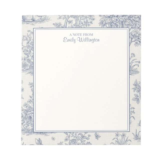 Blue and White Woodland Toile Pattern Personalized Notepad (Front)