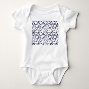 Blue and white wrapping paper featuring a graphic baby bodysuit