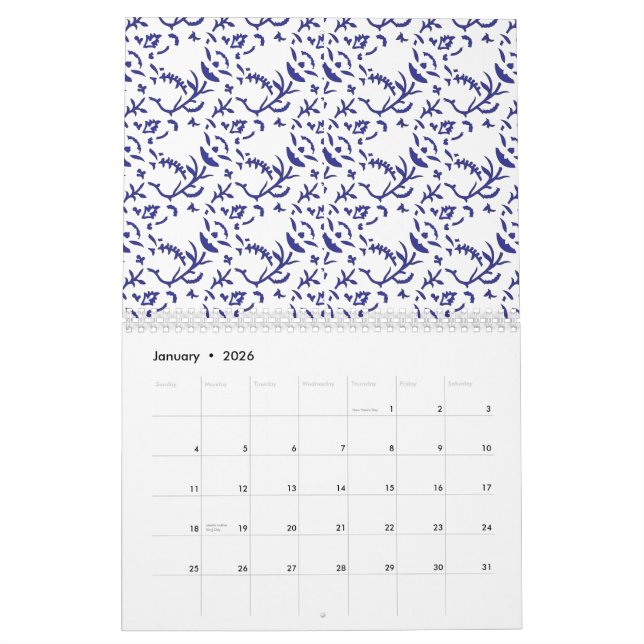 Blue and white wrapping paper featuring a graphic  calendar (Jan 2026)