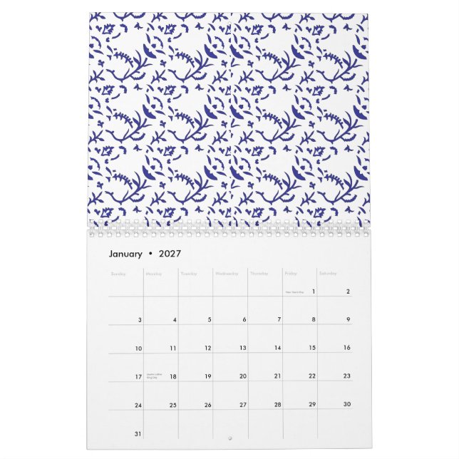 Blue and white wrapping paper featuring a graphic  calendar (Jan 2027)