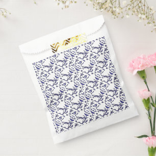Blue and white wrapping paper featuring a graphic favour bags