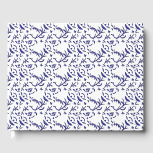 Blue and white wrapping paper featuring a graphic guest book