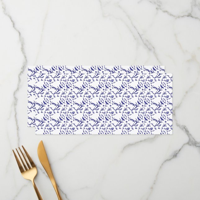 Blue and white wrapping paper featuring a graphic  menu (Front/Back In Situ)