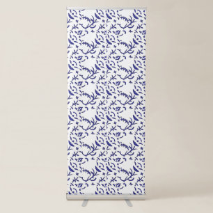Blue and white wrapping paper featuring a graphic retractable banner