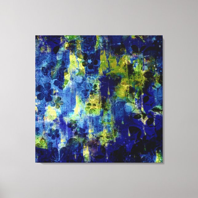 Blue and yellow abstract  floral painting canvas print (Front)
