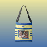 Blue and yellow add initials 2 photo crossbody bag<br><div class="desc">Crossbody bag,  gift idea.
Designed in blue and yellow,  with stripes.
Add initials / or name / front and back.
Add a photo on the front and another on the back.</div>