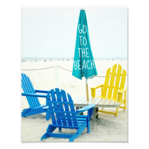 Blue and Yellow Adirondack Chairs on the Beach Photo Print