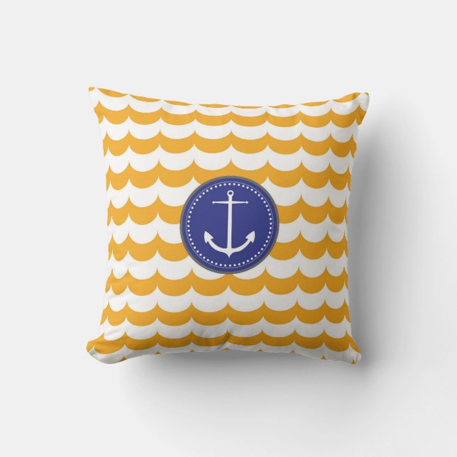 Blue and Yellow Anchor with Waves Pattern Cushion (Front)