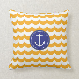 Blue and Yellow Anchor with Waves Pattern Cushion