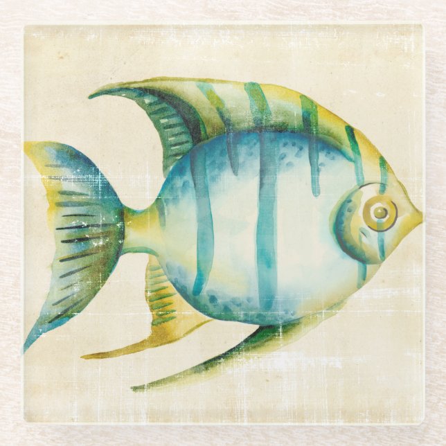Blue and Yellow Aquarium Fish Glass Coaster (Front)