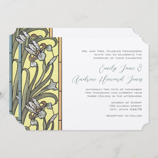 Blue and Yellow Art Deco Iris Wedding Invitation (Front/Back)