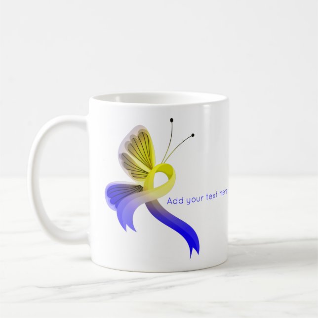 Blue and Yellow Awareness Ribbon Butterfly Coffee Mug (Left)
