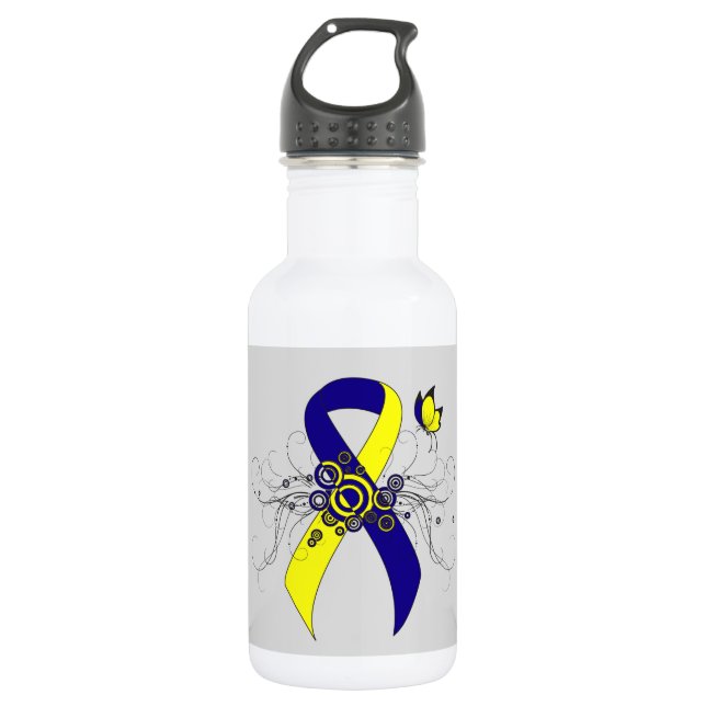 Blue and Yellow Awareness Ribbon with Butterfly 532 Ml Water Bottle (Front)
