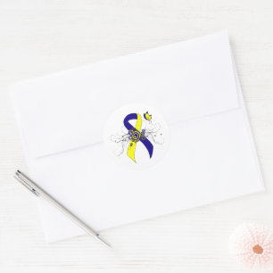 Blue and Yellow Awareness Ribbon with Butterfly Classic Round Sticker