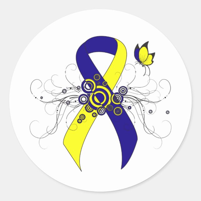 Blue and Yellow Awareness Ribbon with Butterfly Classic Round Sticker (Front)