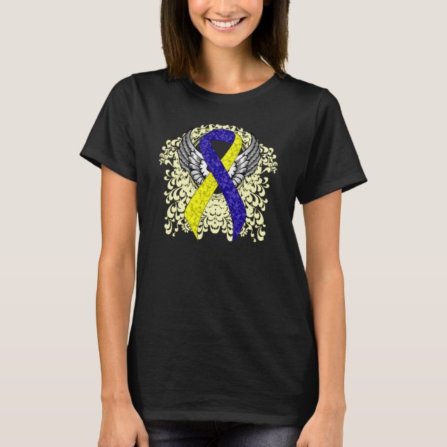 Blue and Yellow Awareness Ribbon with Wings T-Shirt (Front)