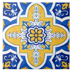 Blue and Yellow Azulejo Style Ceramic Tile. Tile
