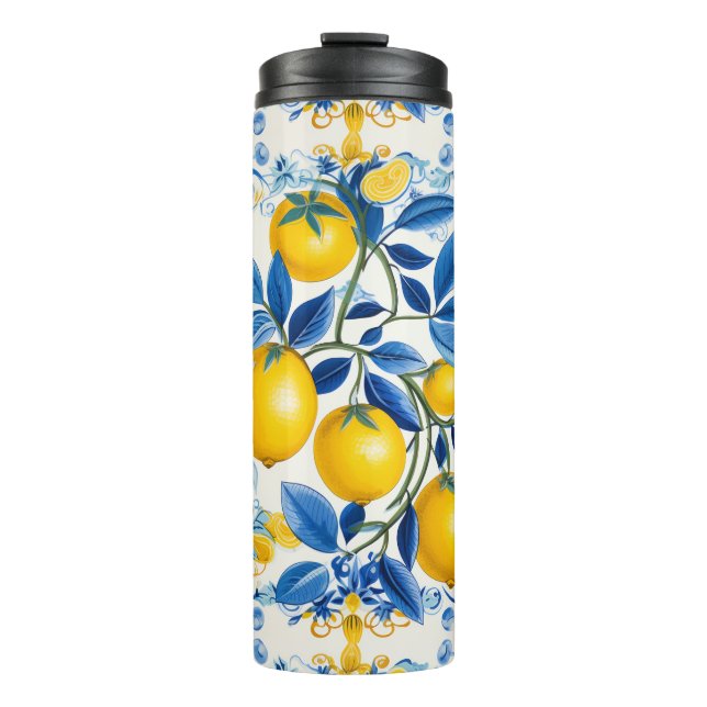  💛💙 Blue and yellow Azulejos with lemons Thermal Tumbler (Front)