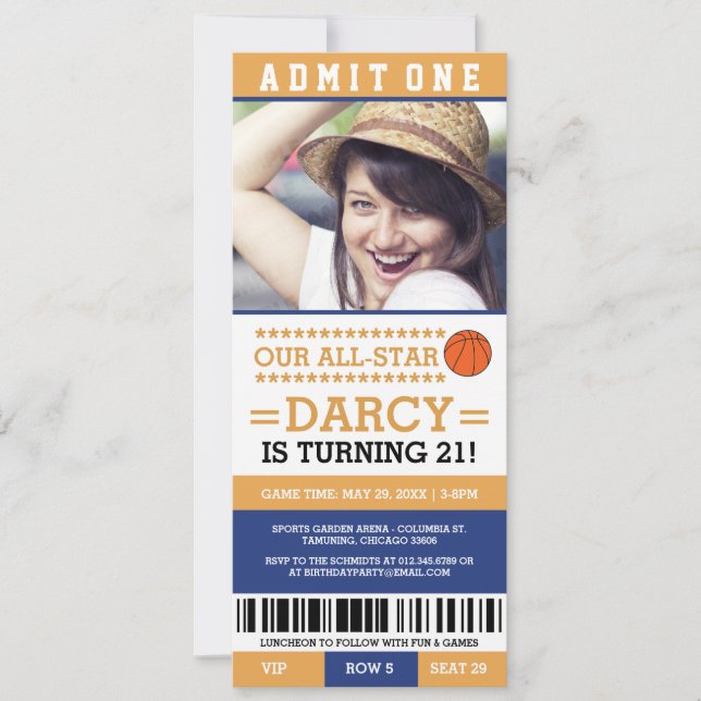 Blue and Yellow Basketball Ticket Birthday Invites (Front)