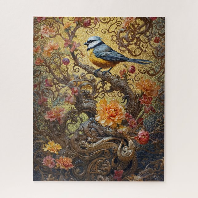 Blue and yellow bird on floral golden vines jigsaw puzzle (Vertical)