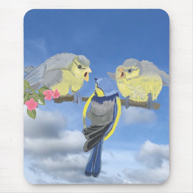 Blue and Yellow Bluetit Birds Mouse Mat (Front)