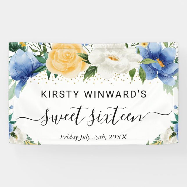 Blue and Yellow Boho Flowers Sweet 16 Welcome Banner (Horizontal)