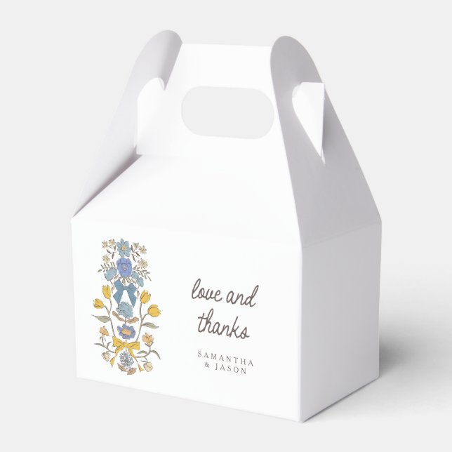Blue and Yellow Bows Florals Wedding Favour Box (Front Side)